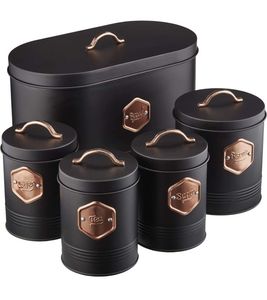 Juego de Recipientes de Cocina Negro Mate de 5 Piezas, Caja para Pan, Tarros para Té, Café, Azúcar y Galletas, Recipientes de Almacenamiento para Encimera - Product Image 1