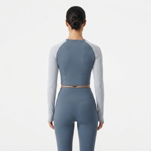 Women Blue Gray Contrast Yoga Set <b>Long</b> <b>Sleeve</b> Crop <b>Top</b> High Waist Leggings Gym Fitness <b>Workout</b> Activewear Set - Product Image 4