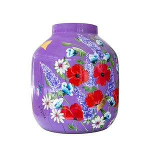 Vase rond en céramique Linea Exports Inc. avec motif floral rose, finition brillante, style bohème fait main, décoration de table - Product Image 2