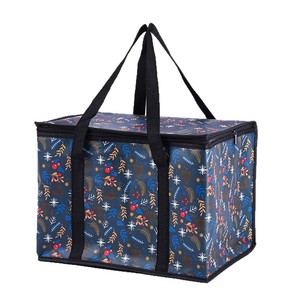 Waterproof <b>Navy</b> Blue Holiday Berry Pattern Insulated Lunch Cooler <b>Bag</b> Large Capacity Thermal Grocery Tote With Dual Hand Straps - Product Image 2