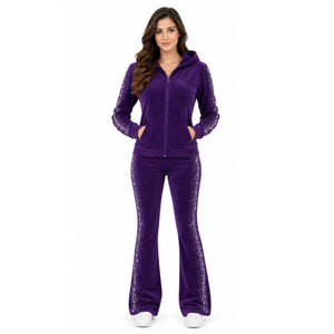 Ensemble de survêtement pour femme en velours violet à capuche, manches longues, imprimé à pois, fermeture éclair, taille élastique, coupe décontractée, toutes saisons - Product Image 4