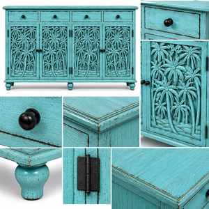 Custom Handcrafted Eco-Friendly Antique Turquoise Solid Mango Wood Palm Tree Carved <b>Sideboard</b> <b>Storage</b> Cabinet 4 Drawers 4 Doors - Product Image 5