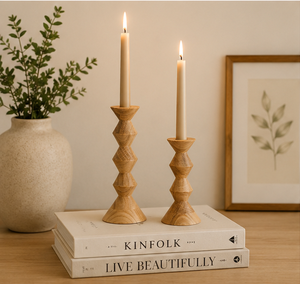 Handcrafted Modern Geometric Natural Oak Wooden Candlestick Holders For Taper Candles Set Of 2 Minimalist Home Decor <b>Stands</b> - Product Image 4