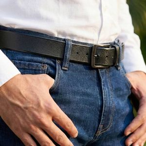 Ceintures décontractées de qualité supérieure pour hommes, en cuir de vachette pleine fleur foncé, boucle en alliage faite à la main, solide, carrée, durable, vintage - Product Image 3