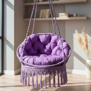 Silla Colgante de Macramé Morado – “Mor Lora” |   Cómodo columpio bohemio con flecos |   Asiento de Hamaca para Interiores/Exteriores - Product Image 1