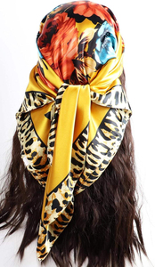 Élégant foulard en satin à imprimé floral, bandana personnalisé en soie jaune avec bordure léopard, foulards carrés en satin pour cheveux - Product Image 3