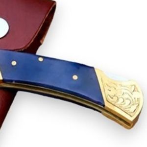 Cuchillos Plegables de Lujo con Hoja con Patrón Damasco, Mango de Madera Hecho a Mano, Empuñadura Metálica Grabada, Funda de Cuero para Coleccionistas y Actividades al Aire Libre - Product Image 2