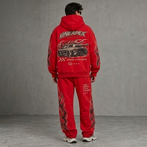 Ensemble de survêtement de course rouge pour homme, sweat à capuche et pantalon de jogging, motif flamme, streetwear, sport automobile, deux pièces assorties, personnalisable OEM - Product Image 2
