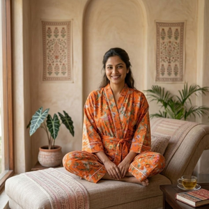 Bata Kimono de Algodón con Estampado Floral Naranja para Mujer, Cuello en V, Manga Larga, Cinturón con Cordón, Hecha a Mano, Ropa de Estar por Casa - Product Image 4