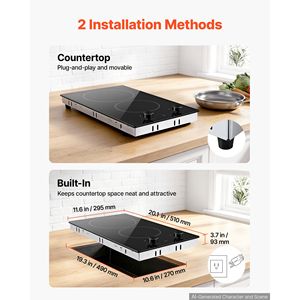 Table de cuisson électrique portable 12 pouces, 2 brûleurs, 1800W, 120V, à brancher, en céramique, encastrable, radiante, avec commande par bouton - Product Image 6