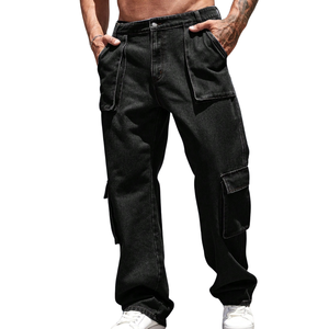 Jean cargo en denim noir uni délavé pour homme, coupe droite à jambe large, multi-poches, en coton, style décontracté, pantalon utilitaire classique - Product Image 1