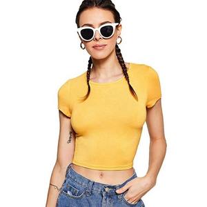 Camiseta Corta Amarilla para Mujer, Cuello Redondo, Corte Regular, Color Sólido, Tejido Transpirable y Ecológico, Primavera - Product Image 3