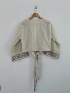 Boho Cotton Long Sleeve Floral Print V-neck Two Piece Set <b>Crop</b> Top Shorts Beige Resort Outfit Drawstring Closure Breathable Free - Product Image 5