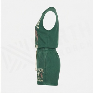 Conjunto de Camiseta sin Mangas y Pantalones Cortos Verdes para Mujer, Estampado Personalizado, Atuendo Casual de Dos Piezas, Cuello Redondo, Corte Holgado, Ropa de Primavera/Verano - Product Image 3