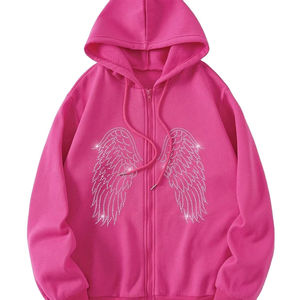 Sweat-shirt à capuche zippé Y2K pour femme, avec motif ailes d'ange en strass, coupe oversize rose, style streetwear Harajuku, veste esthétique - Product Image 1