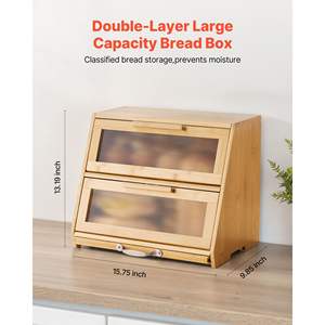 Boîte à pain en bambou double couche grande capacité couleur bois naturel avec panneau de porte en acrylique ondulé pour comptoir de cuisine - Product Image 2