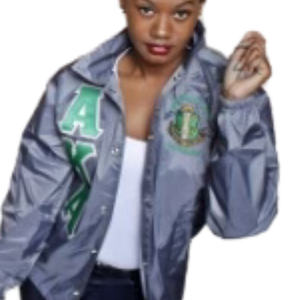 Chaqueta Bomber Plateada AKA con Letras de Chenilla Verdes Bordadas, Ropa Exterior de Moda para Mujeres de Sororidades - Product Image 4