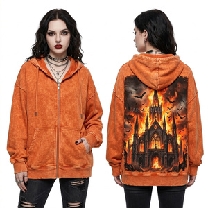 Vintage Burnt Orange Hoodie Women Acid Wash Zip Up Custom Gothic Burning Cathedral Graphic Print Heavyweight Fleece Sweatshirt - Product Image 1
