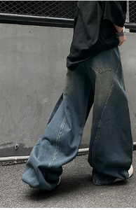 <b>Men</b> Wide Leg <b>Jeans</b> Blue Denim Washed Loose Fit Casual Streetwear Pants - Product Image 2