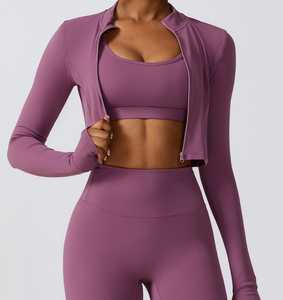 Factory Made Women Gym Set for Fitness Training <b>Long</b> <b>Sleeve</b> Crop <b>Top</b> High Waist Seamless Leggings Racerback 2 Piece Yoga Set - Product Image 4