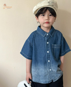เสื้อเชิ้ตเดนิมไล่เฉดสีสำหรับเด็กผู้ชาย แขนสั้น ทรงหลวม ปกคอพับ เสื้อผ้าฝ้ายลำลองแบบซักล้าง - Product Image 1