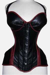 Corsé de cuero negro para mujer con ribete rojo, cierre de gancho y ojal, control firme, diseño sobre el busto, con varillas de acero - Product Image 3