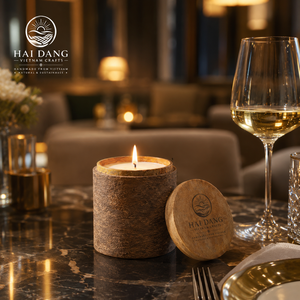 Bougie parfumée à la cannelle en cire de soja naturelle, support en bois, style bohème, décoration d'intérieur, spa, hôtel, vente en gros, fabrication artisanale au Vietnam - Product Image 2
