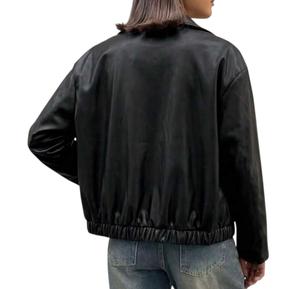 Blouson bomber en cuir uni pour femme, fermeture éclair, col montant, poches, longueur au-dessus du genou, pour un style décontracté et streetwear - Product Image 4