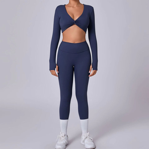 Ensemble de leggings et soutien-gorge de sport personnalisé, respirant, extensible dans quatre directions, en Spandex/Nylon, taille haute avec cordon de serrage, effet froncé, pour l'entraînement et le yoga - Product Image 2