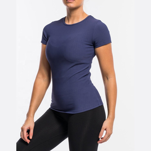 Camiseta de Punto para Mujer, Cuello Redondo, Manga Corta, Color Azul Marino Sólido, Corte Ajustado, Transpirable, para Todas las Temporadas, Ropa Casual, Camiseta de Gimnasio - Product Image 1