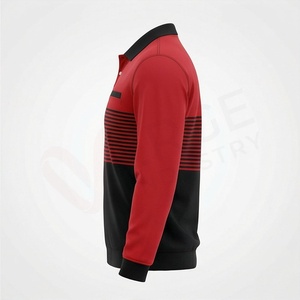Polo à manches longues pour homme, rouge et noir, à blocs de couleur, design rayé, style décontracté, tricoté, avec poche sur le devant - Product Image 3