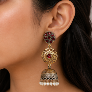 Proveedor Confiable, Pendientes Colgantes de Plata Oxidada con Circonitas en Dos Tonos, Diseño de Flor, Estilo Bohemio Indio, para Boda |   Suministro Directo de Fábrica - Product Image 2