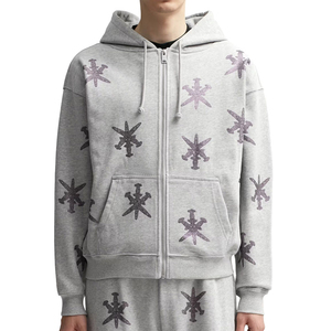 Rhinestones for <b>Clothes</b> Cotton Thick Casual Oversized Hoodie Men Full Face Zip up Rhinestone Asid Wash Hoodie - Product Image 1