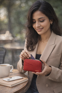 Wriza Top Grain Litchi Pattern Cowhide Leather Double Sided Card <b>Holder</b> Zipper Coin Purse Compact Credit Card Case for Women Men - Product Image 4