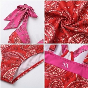 NORTH APPROACH Women's <b>Red</b> Paisley Print Swimdress With Pink Halter Straps And <b>Belted</b> Waist - Product Image 4