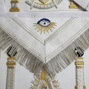 Custom <b>White</b> Masonic <b>Apron</b> with Gold Fringe & Embroidered Symbolic Emblem – Elegant Freemason Ceremonial Regalia Accessory - Product Image 3