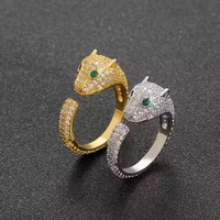 Bague Hip Hop Tête de Léopard Réglable en Argent 925 Plaqué Or, Micro-Sertie de Moissanite, Bijou Unisexe Tendance pour Mariage et Fête