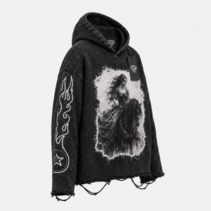 Custom Mens Oversized Acid Wash Graphic <b>Hoodie</b> Vintage Gothic <b>Horse</b> Rider Print Distressed Streetwear Pullover Sweatshirt - Product Image 2