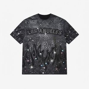 เสื้อยืดโอเวอร์ไซส์ผ้าฝ้ายแท้ 100% ประดับคริสตัลแบบกำหนดเอง สไตล์สตรีทแวร์ ยูนิเซ็กส์ ลอสแอนเจลิส - Product Image 1