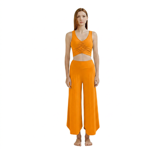 Women's Yoga Set Solid V-Neck High Waist Wide Leg Pants 2-Piece Breathable Spandex/Nylon <b>Lace</b> <b>Elastic</b> Waist Front Ankle-Length - Product Image 4