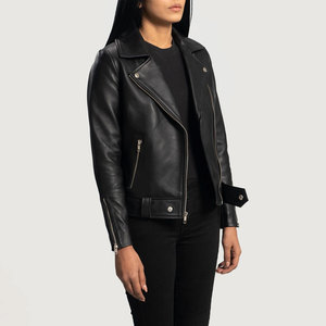 Chaqueta de cuero sintético negra para mujer, estilo motero clásico, corte ajustado, con cierre de cremallera y cuello alto acolchado, a la moda. - Product Image 2