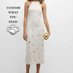 Custom OEM Fashion White Long Elegant Wedding Evening Casual Dresses Women Studded Summer Sleeveless Halter Midi Party Dress