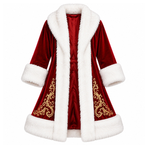 Manteau de Noël personnalisé en velours rouge avec bordure en fausse fourrure blanche et broderie dorée pour adultes unisexes - Product Image 1