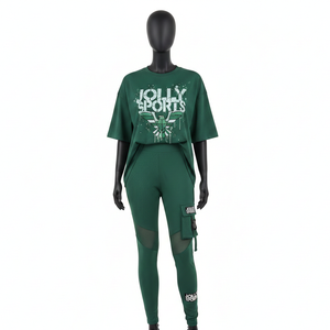 T-shirt femme en coton et élasthanne vert foncé et leggings en maille nylon et élasthanne 240 GSM avec logo personnalisé imprimé sur écran – Ensembles femme - Product Image 1