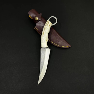 Cuchillo de Caza de Acero Inoxidable con Hoja Fija, Cuchillo de Camping con Mango de Asta de Ciervo y Funda de Cuero - Product Image 1