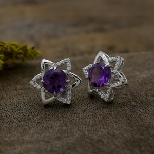 Boucles d'oreilles en améthyste avec halo de fleurs, pierre de naissance de février, en argent sterling, bijoux en pierres précieuses violettes, cadeau pour femme, boucles d'oreilles élégantes - Product Image 2