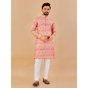 DESIGNER PAJAMA KURTA EN COTON IMPRIMÉ TRAVAIL POUR HOMMES - Product Image 1