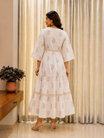 Robe longue maxi blanche bohème tissée écologique pour femme, imprimée à la main au bloc doré, avec manches et col, longueur ras du sol