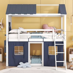 Elegante Letto a Castello Singolo con Finestre Blu-Bianche e Tenda - Letto a Casetta in Legno per Bambini - Product Image 2