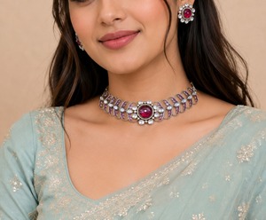 Conjunto de Collar y Pendientes de Latón con Incrustaciones de Kundan y Polki, Joyería Nupcial India Tradicional, Tono Dorado, Conjunto de Joyería de Boda Unisex - Product Image 2